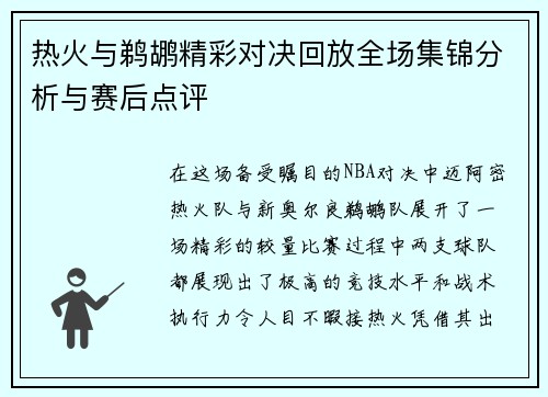 热火与鹈鹕精彩对决回放全场集锦分析与赛后点评