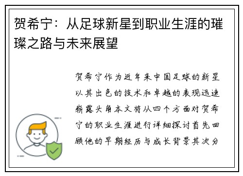 贺希宁：从足球新星到职业生涯的璀璨之路与未来展望